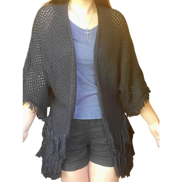 NWT American Eagle Cardigan Women's Small Black Crochet Fringe Boho Open Knit - Picture 2 of 7
